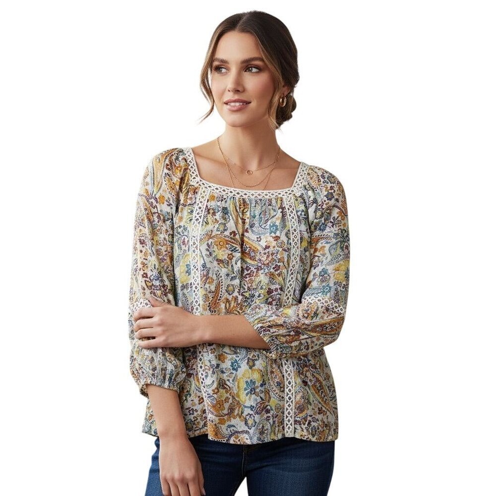 Zac & Rachel Top Small Boho Chic Floral Paisley Lace Trim Peasant 3/4 Sleeve